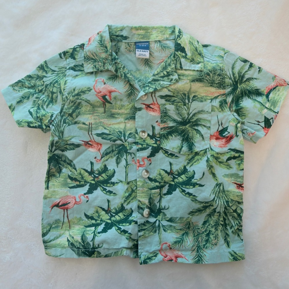 Old Navy Button Down Shirt Kids 12-18M Blue Flamingo Excellent Tropical Poplin
